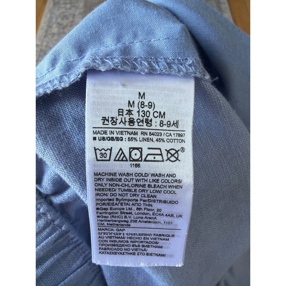 Gap Kids Blue Linen Blend Wide Leg Cargo Pants Sz M 8-9 Elastic Waist Drawstring